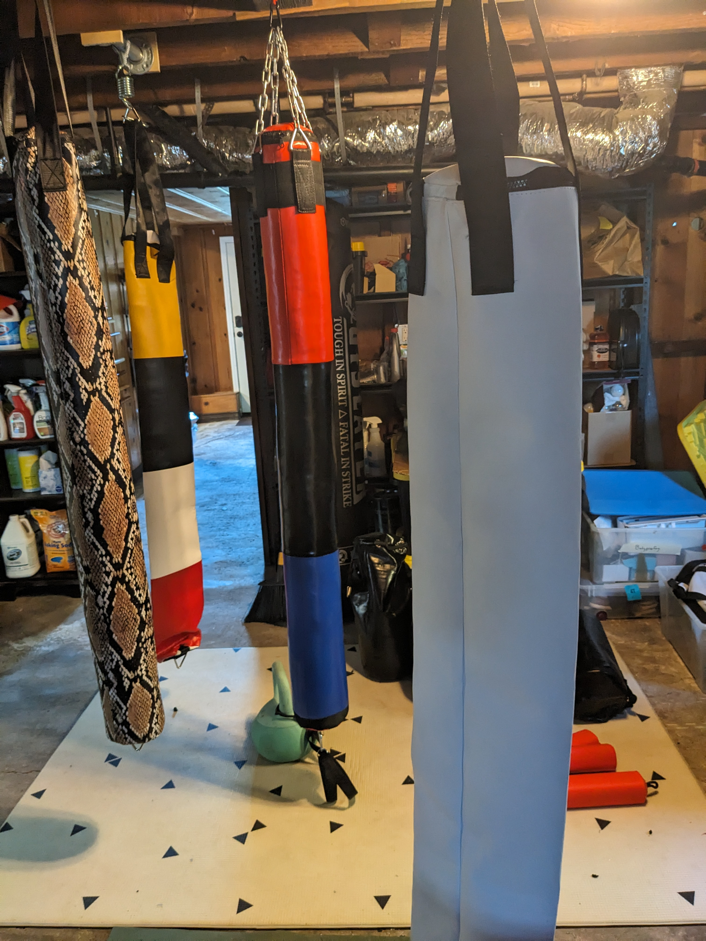 Early Python Bag prototypes hanging in the basement workshop