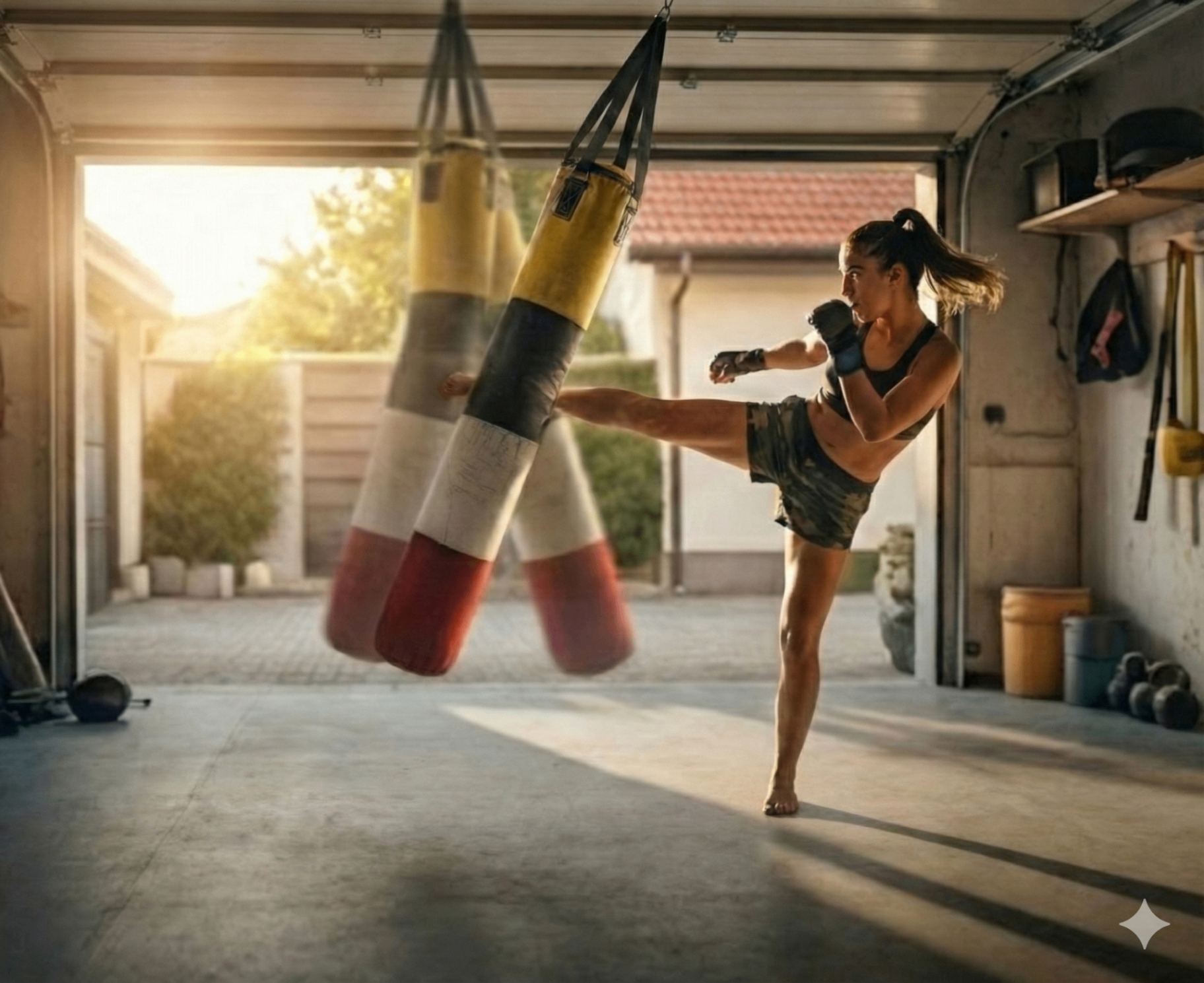 Woman kicking a Python Punching Bag in her garage gym